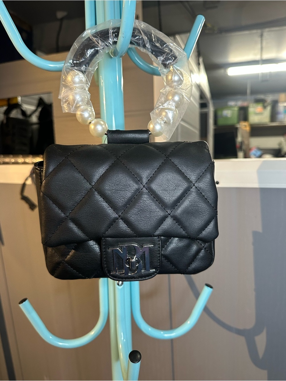 Badgley Mischka Black Quilted Mini Top-Handle Bag with Pearl Detail